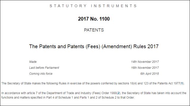 2018.4.6起生效的英国专利申请官费新标准-云