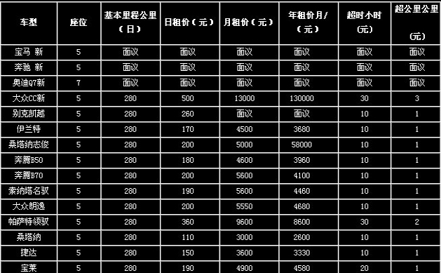 聊城汽车租赁价格表